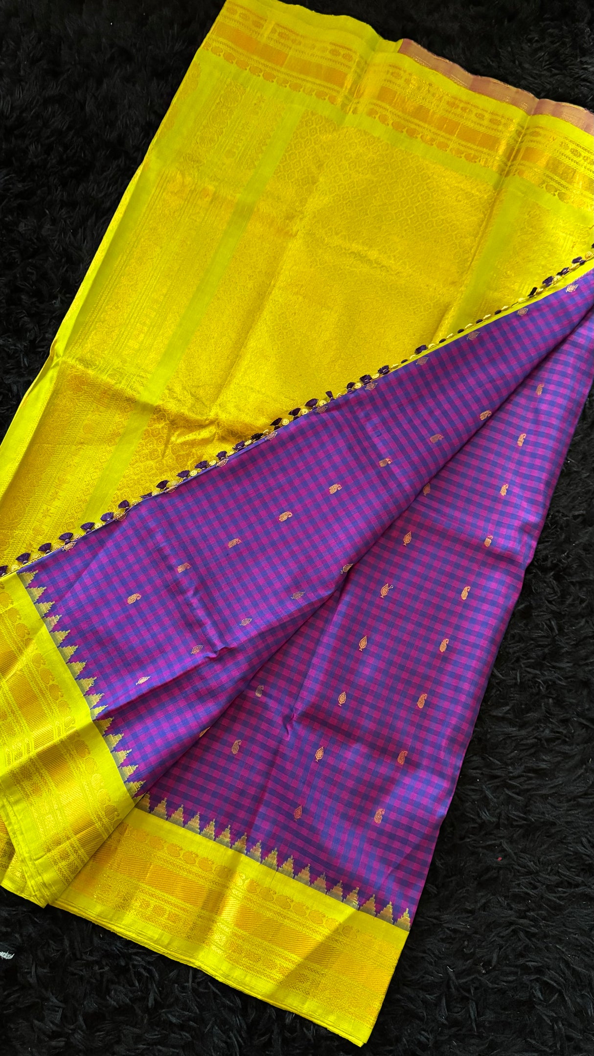 Purple Checks Chartreuse Gadwal Handloom Pure Silk