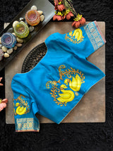 Blue Tanjore Painting on Gadwal Pure Silk Blouse