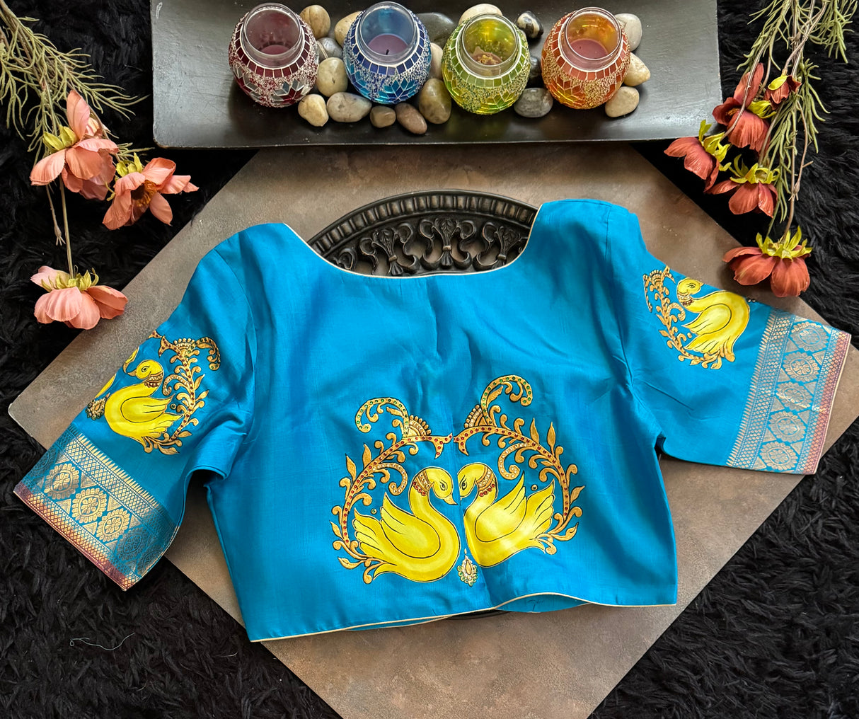 Blue Tanjore Painting on Gadwal Pure Silk Blouse
