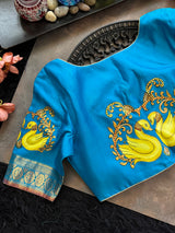 Blue Tanjore Painting on Gadwal Pure Silk Blouse