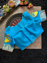 Blue Tanjore Painting on Gadwal Pure Silk Blouse