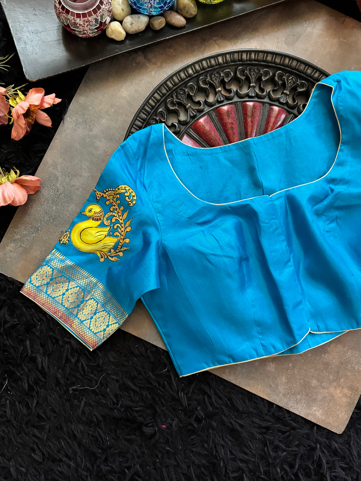 Blue Tanjore Painting on Gadwal Pure Silk Blouse