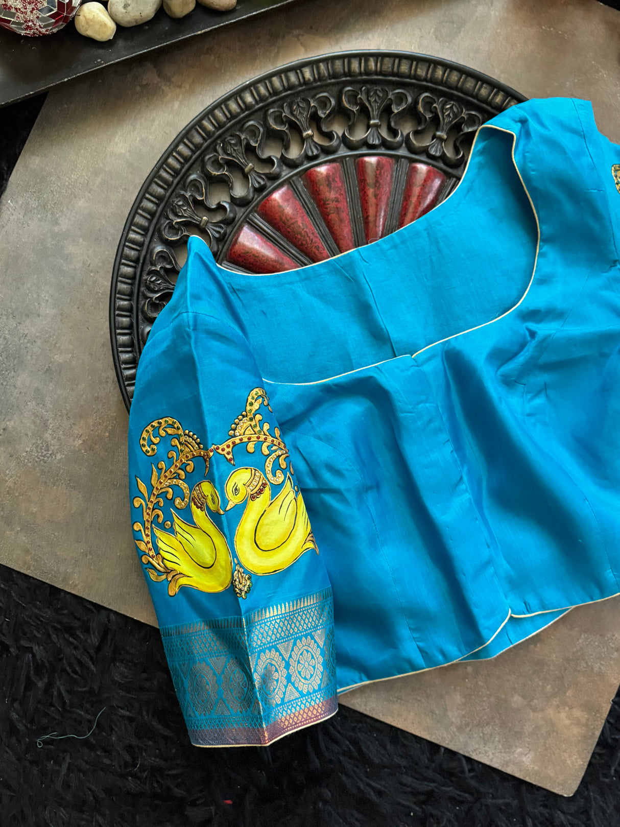Blue Tanjore Painting on Gadwal Pure Silk Blouse