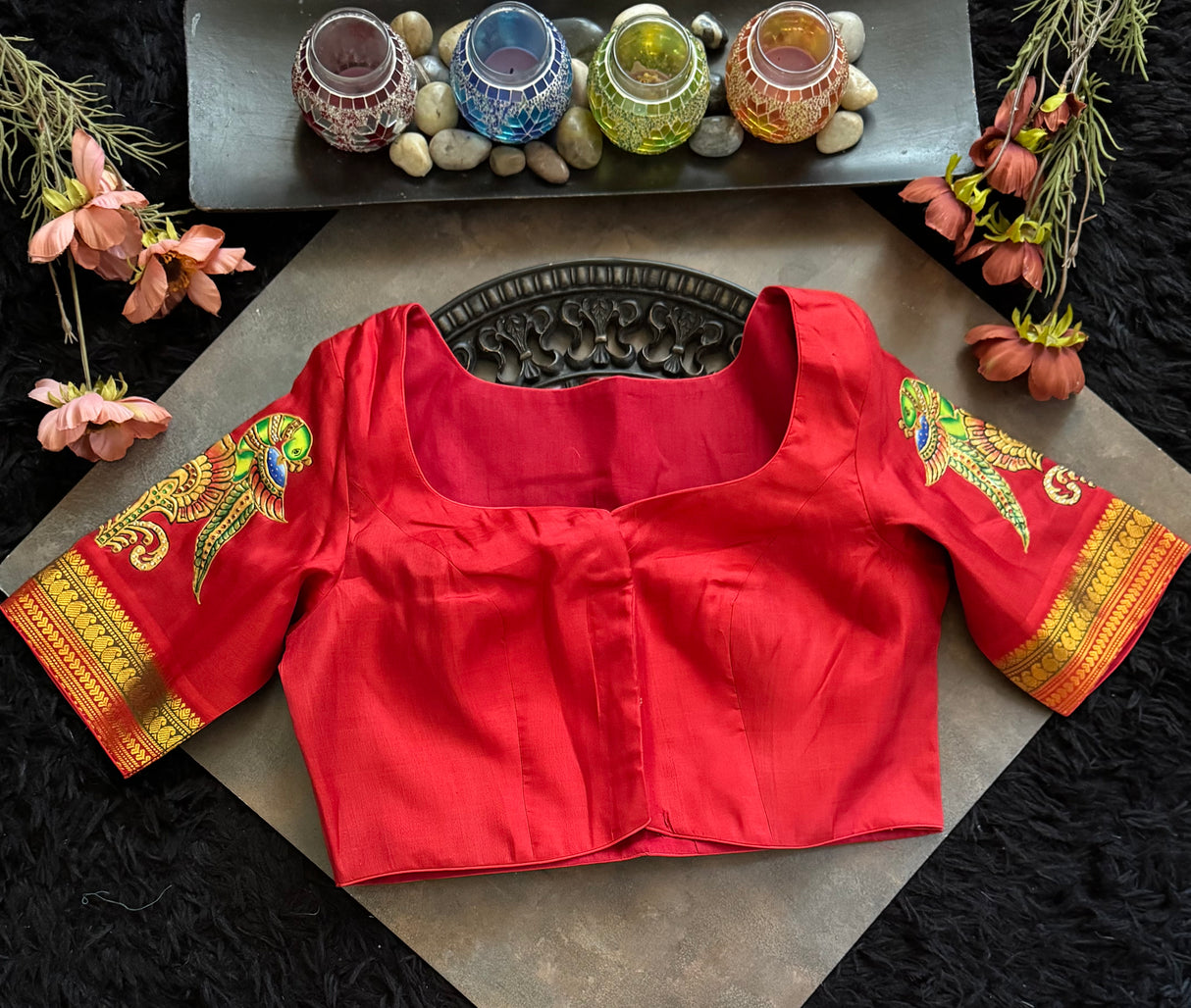 Red Tanjore Paintingon Gadwal Pure Silk Blouse