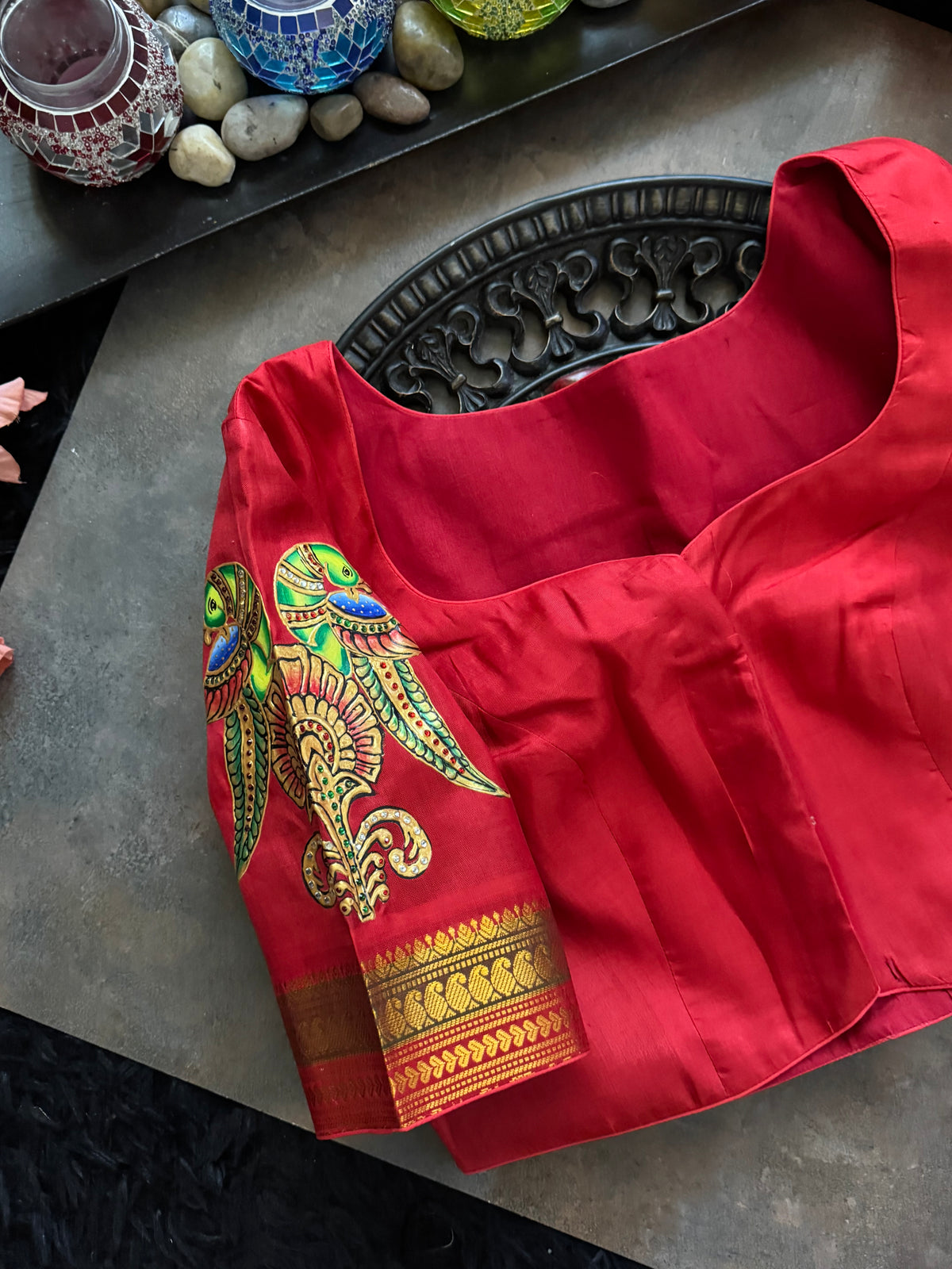 Red Tanjore Paintingon Gadwal Pure Silk Blouse