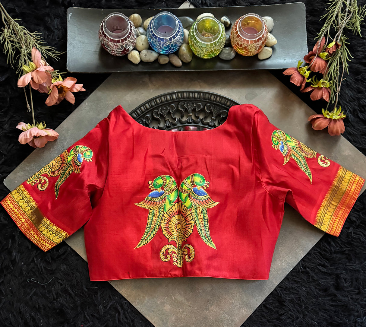 Red Tanjore Paintingon Gadwal Pure Silk Blouse