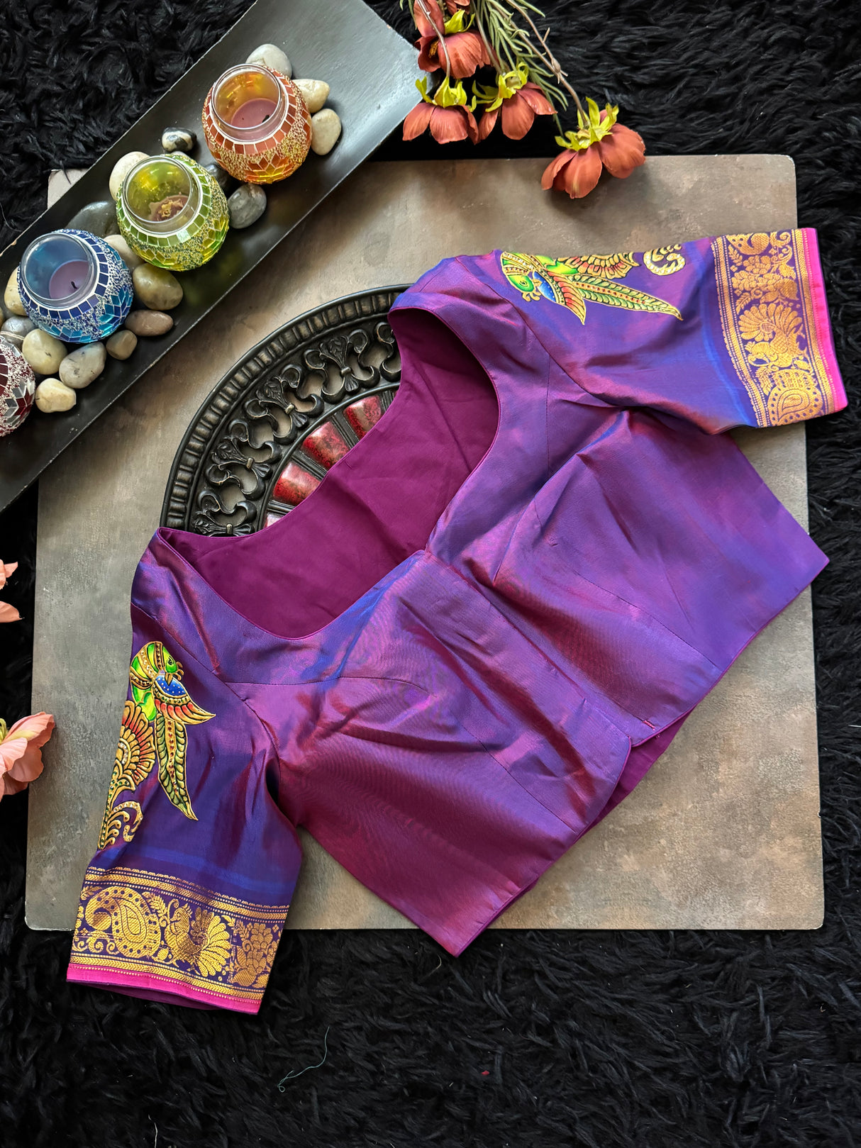 Purple Tanjore Painting on Gadwal Pure Silk Blouse