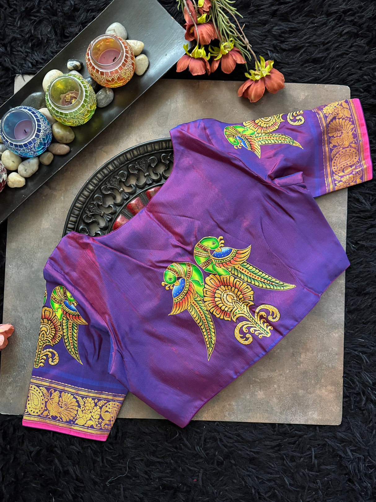 Purple Tanjore Painting on Gadwal Pure Silk Blouse