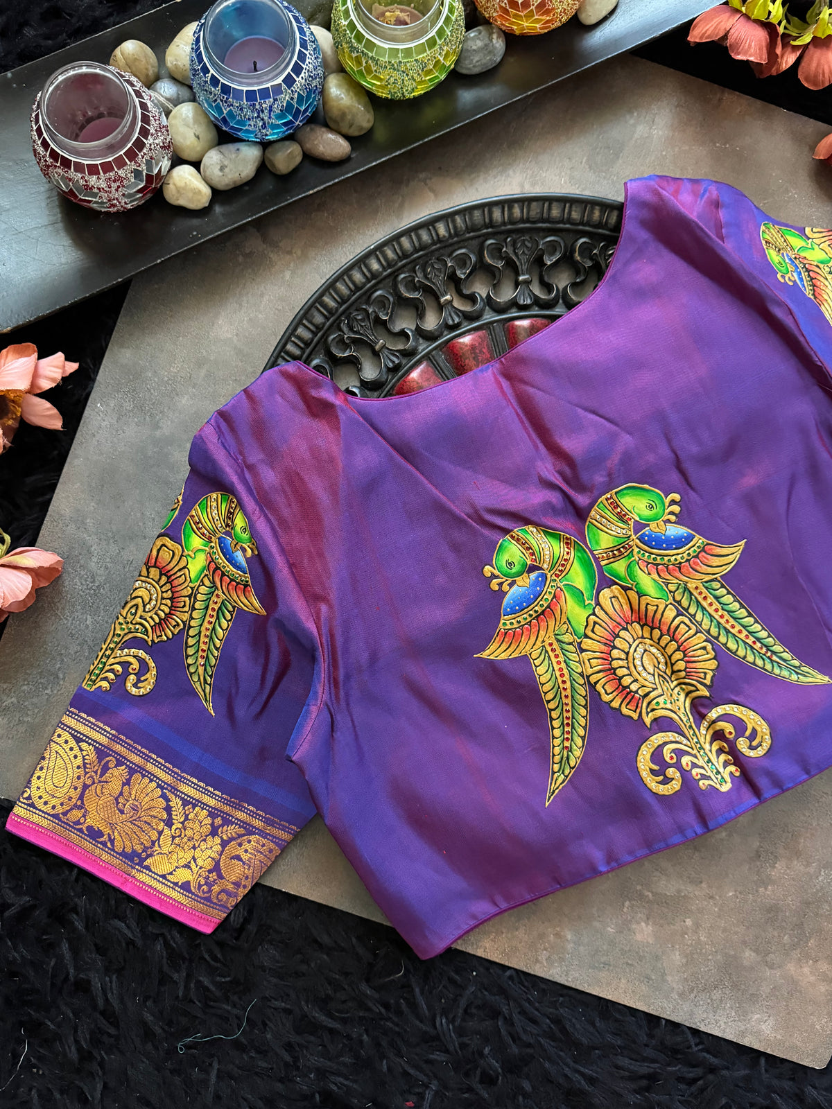 Purple Tanjore Painting on Gadwal Pure Silk Blouse