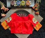 Chilli Red Tanjore Painting on Gadwal Pure Silk Blouse