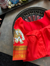 Chilli Red Tanjore Painting on Gadwal Pure Silk Blouse