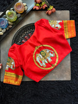 Chilli Red Tanjore Painting on Gadwal Pure Silk Blouse