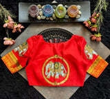 Chilli Red Tanjore Painting on Gadwal Pure Silk Blouse