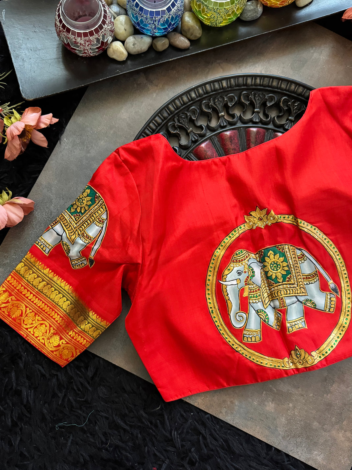 Chilli Red Tanjore Painting on Gadwal Pure Silk Blouse