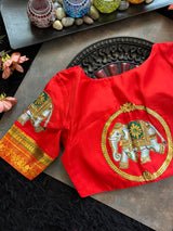 Chilli Red Tanjore Painting on Gadwal Pure Silk Blouse