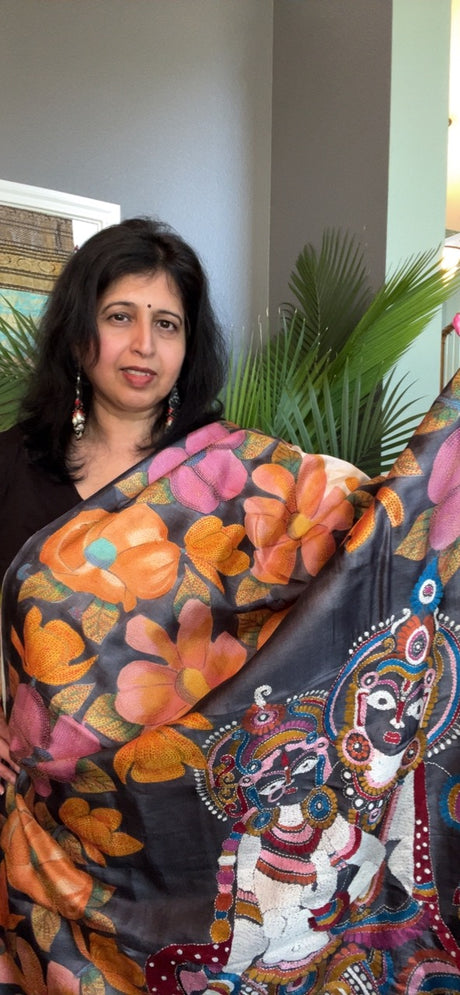 Radha Krishna HAND Kantha Stitch Tussar Silk