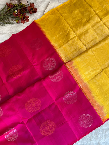 Rani Pink Yellow Kanchi Soft SIlk borderless