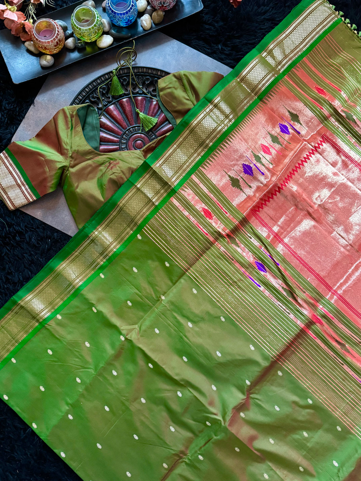 Olive Green Yeola Paithani Narali Border Handloom Pure Silk