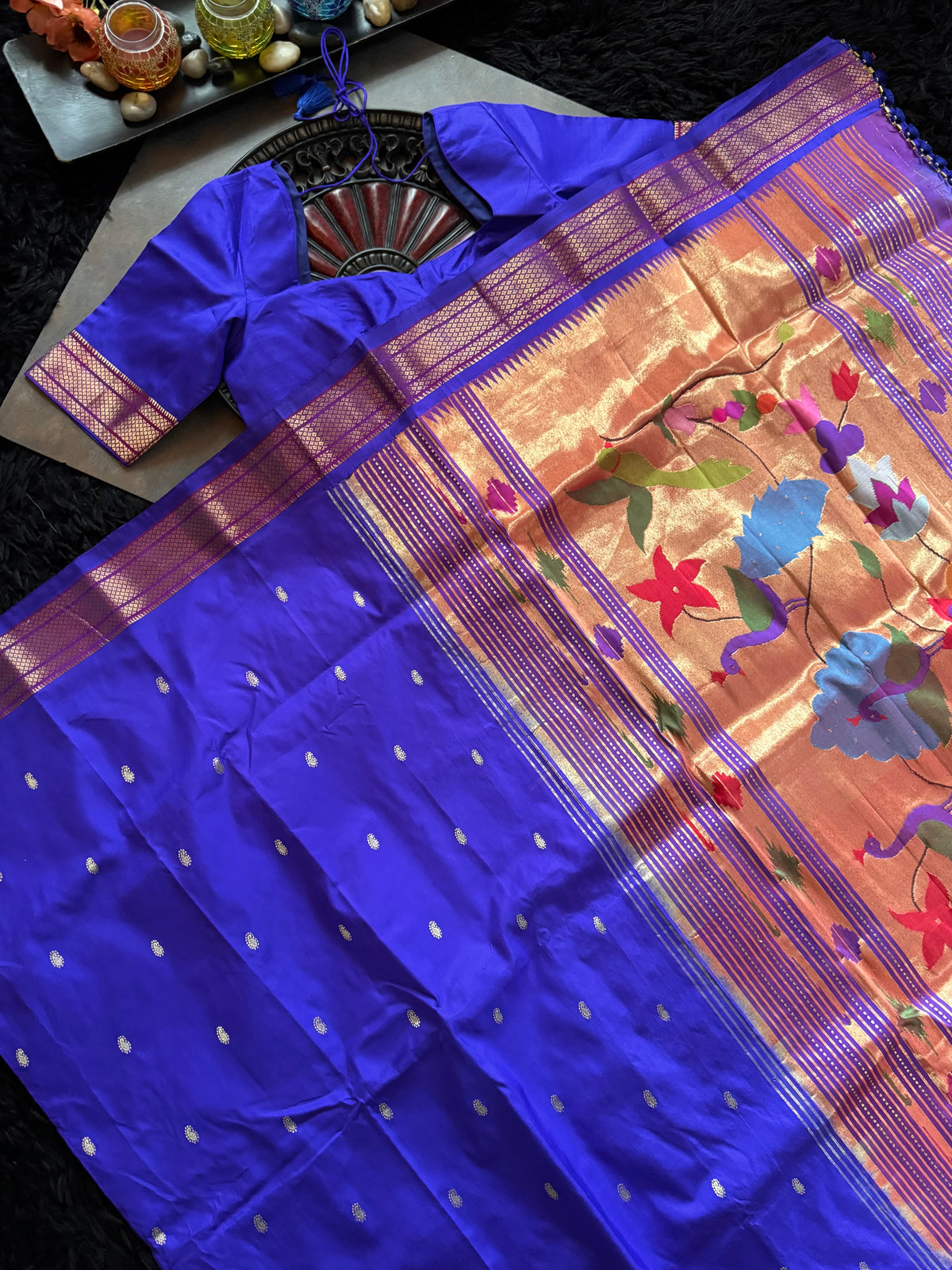 Bluish Purple Yeola Paithani Narali Border Handloom Pure Silk