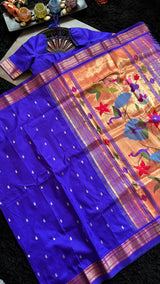 Bluish Purple Yeola Paithani Narali Border Handloom Pure Silk