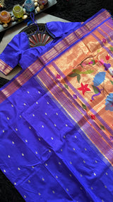 Bluish Purple Yeola Paithani Narali Border Handloom Pure Silk