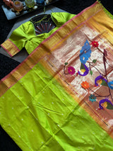 Parrot Green Yeola Paithani Narali Border Handloom Pure Silk