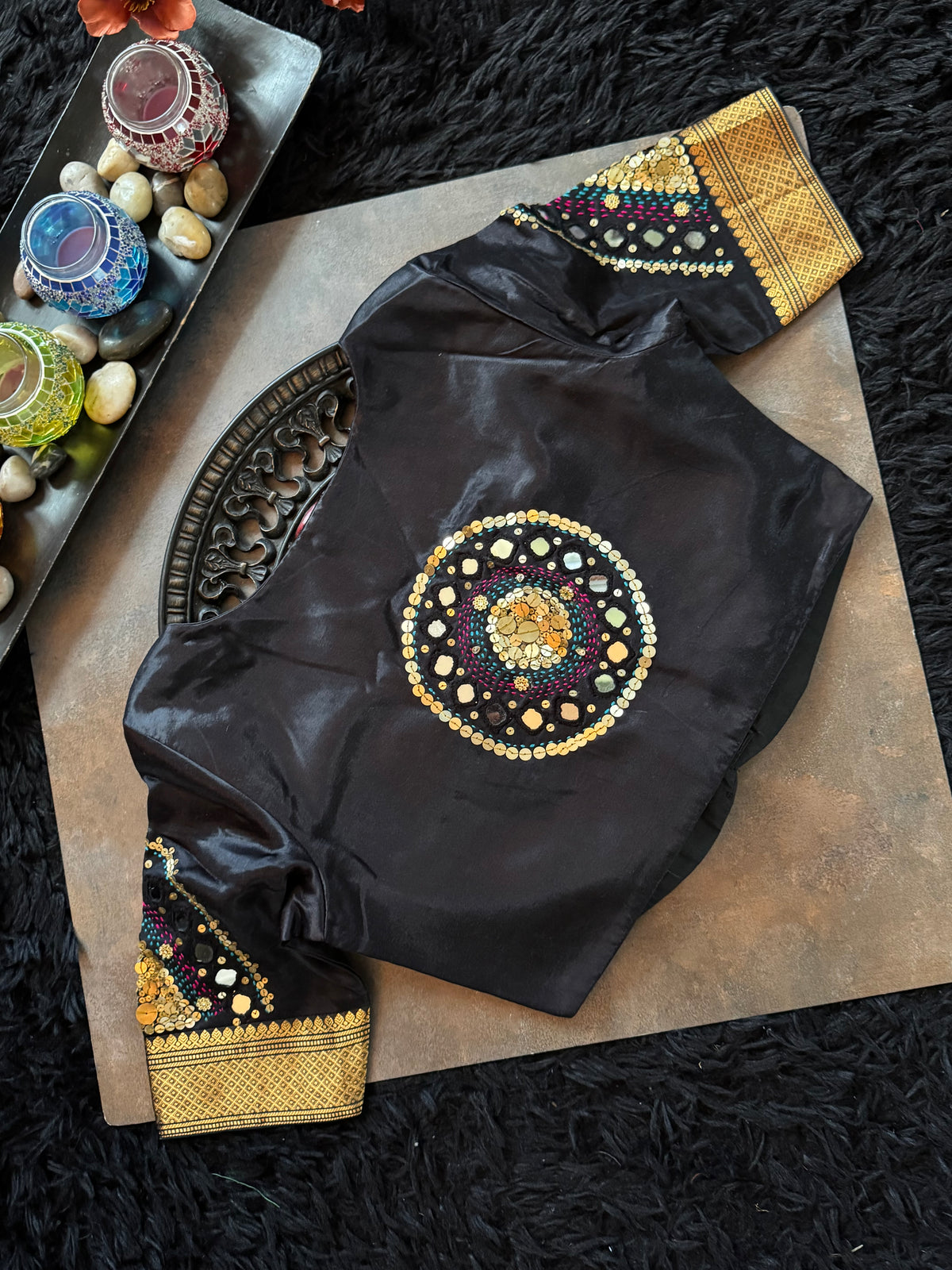 Orange Black Gadwal Pure Silk With Embroidered Blouse