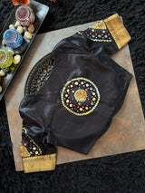 Orange Black Gadwal Pure Silk With Embroidered Blouse