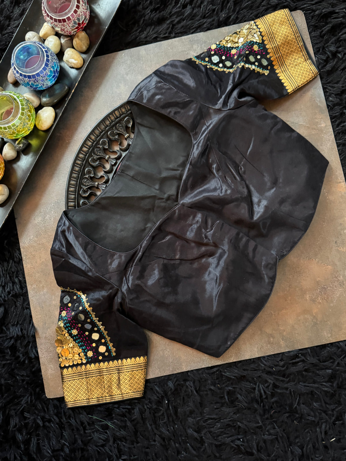 Orange Black Gadwal Pure Silk With Embroidered Blouse