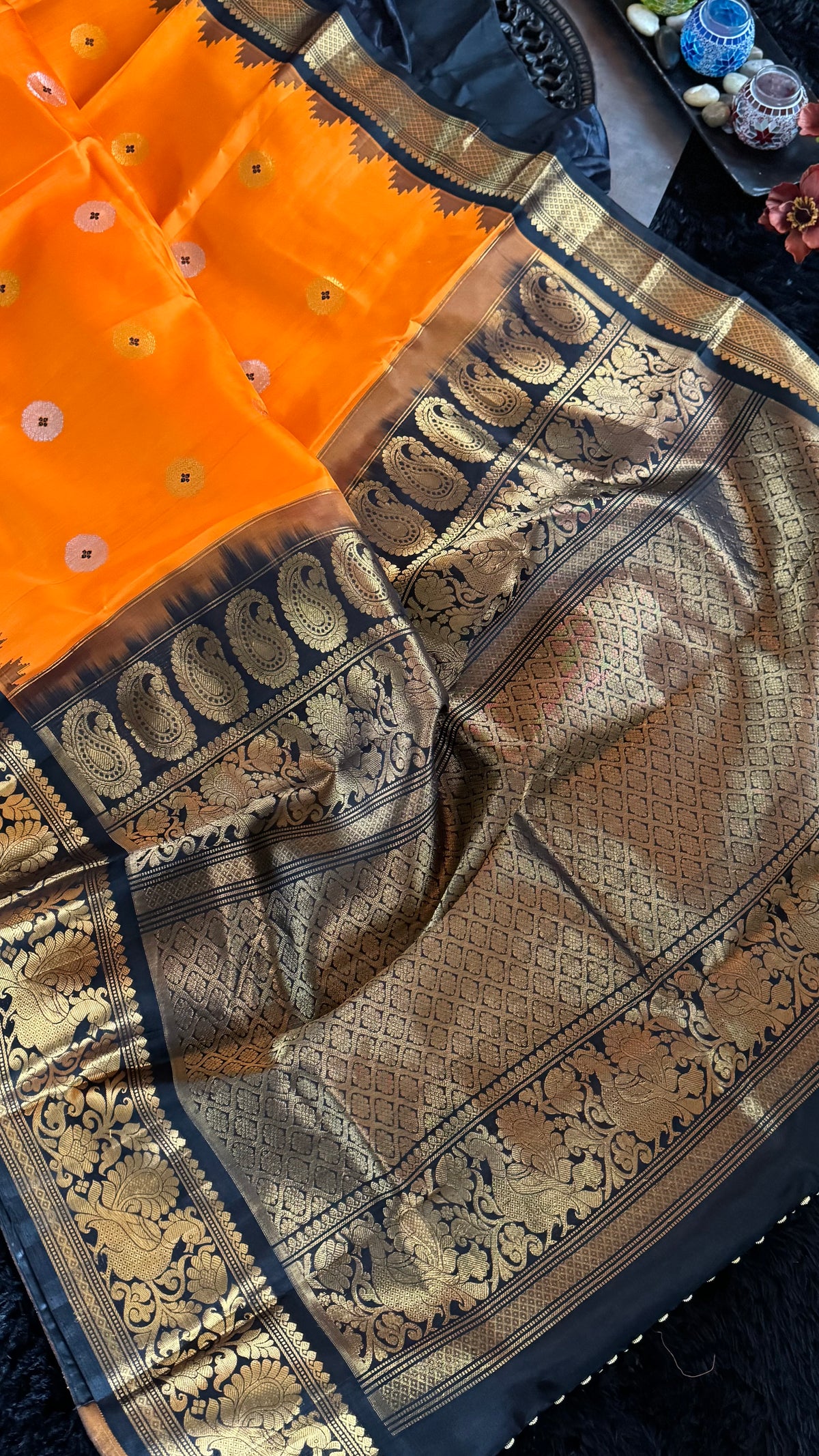 Orange Black Gadwal Pure Silk