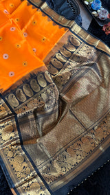 Orange Black Gadwal Pure Silk With Embroidered Blouse