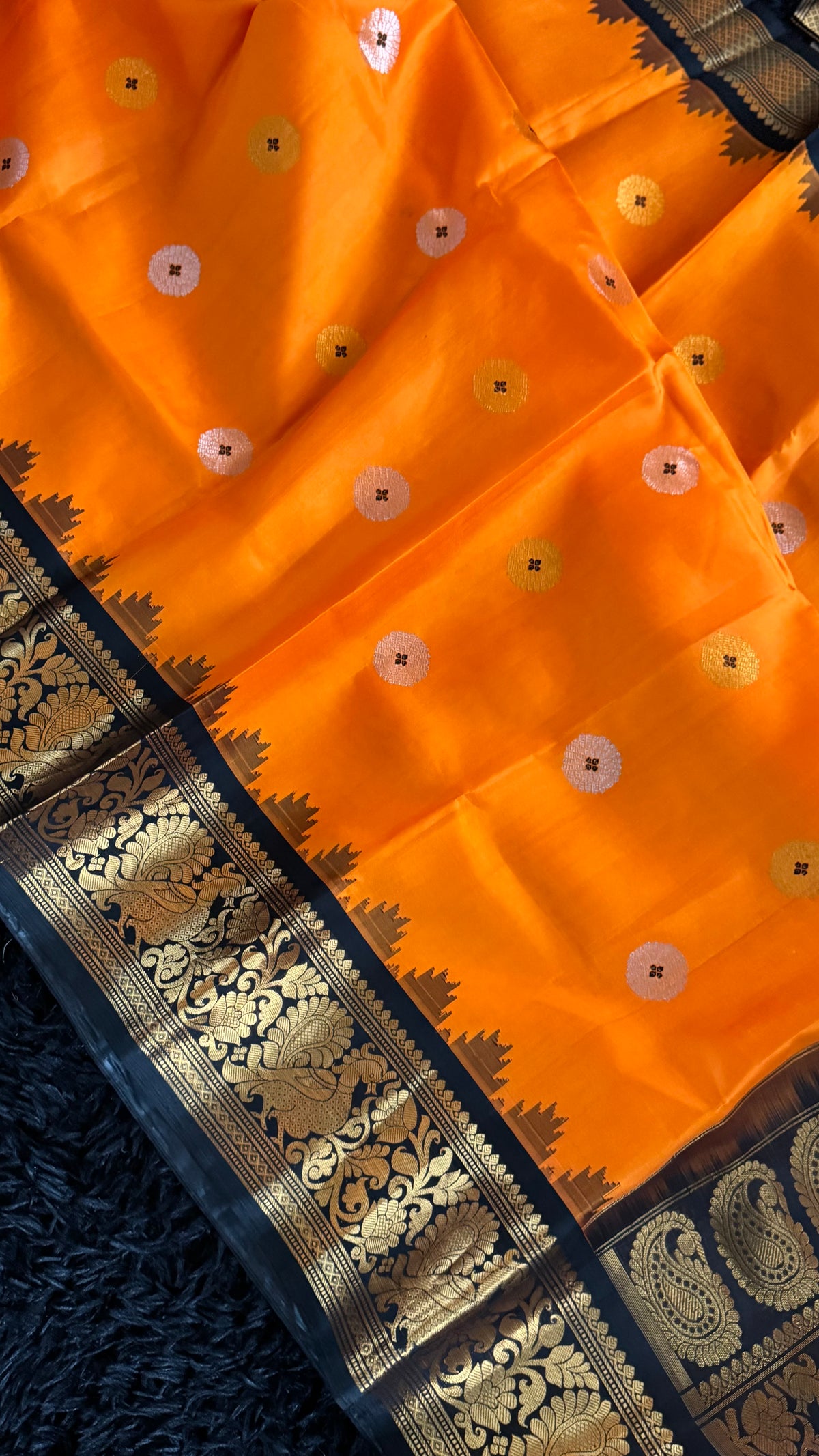 Orange Black Gadwal Pure Silk
