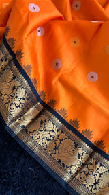 Orange Black Gadwal Pure Silk With Embroidered Blouse