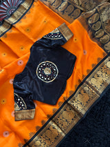 Orange Black Gadwal Pure Silk With Embroidered Blouse