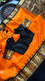 Orange Black Gadwal Pure Silk