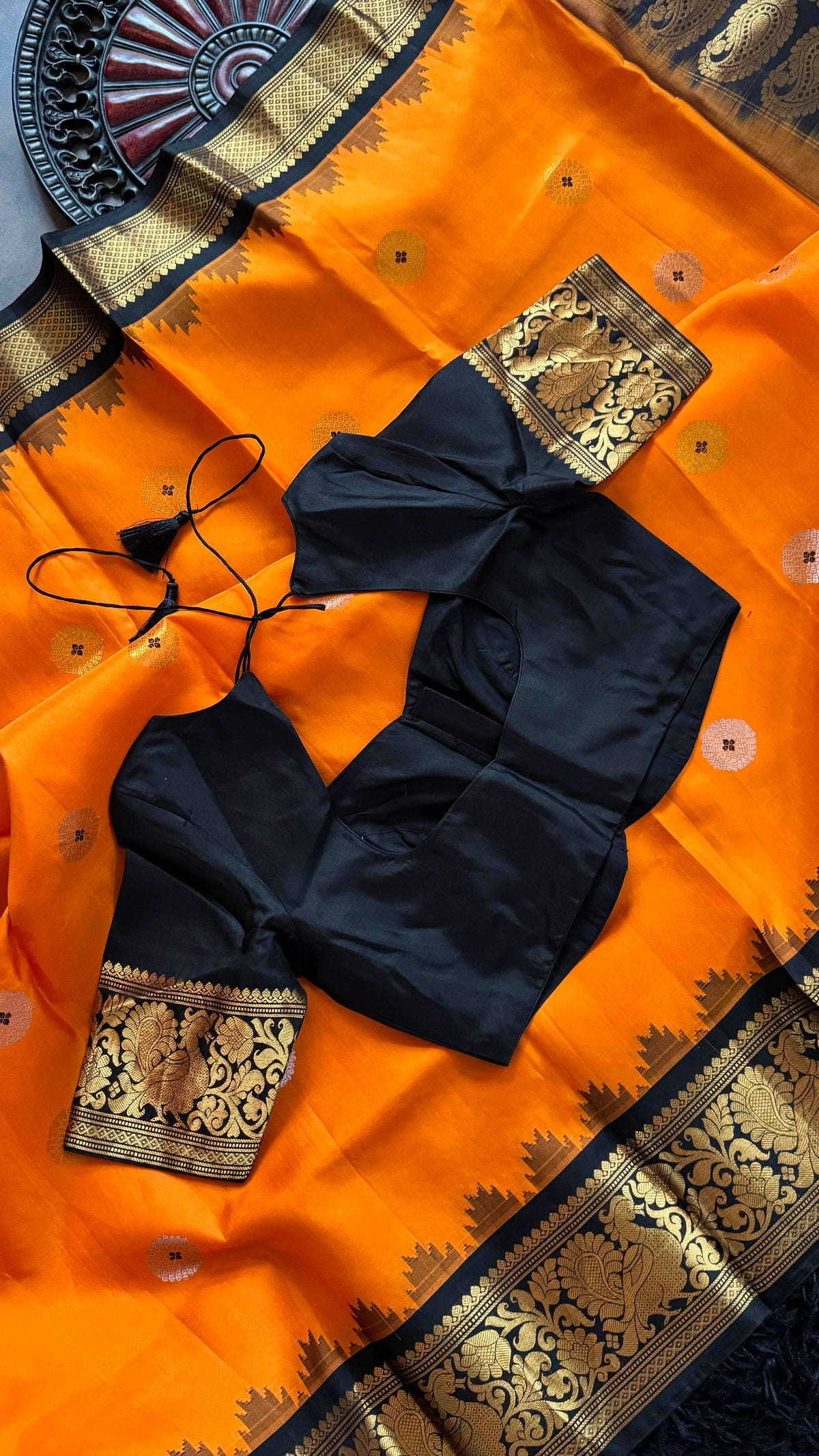 Orange Black Gadwal Pure Silk
