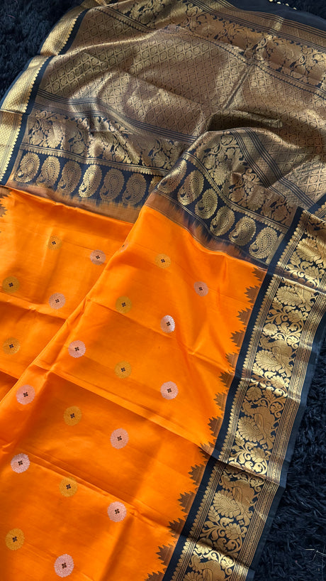 Orange Black Gadwal Pure Silk