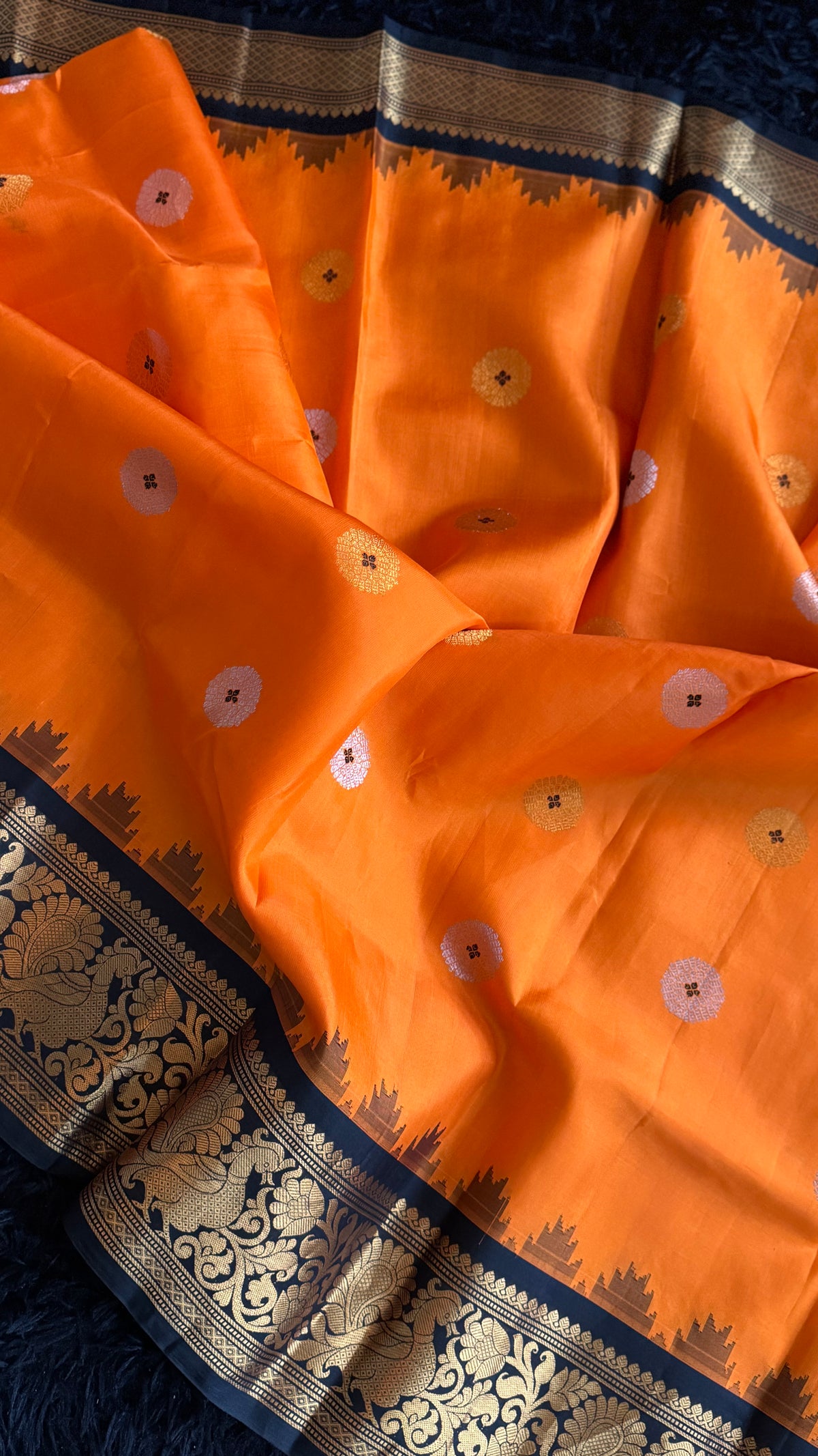 Orange Black Gadwal Pure Silk