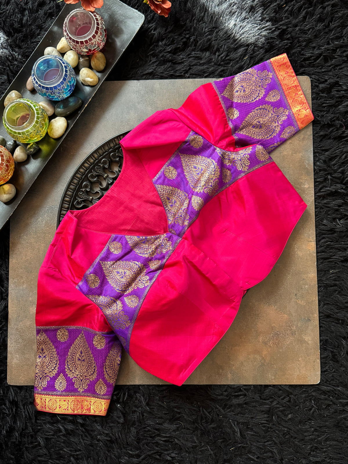 Rani Purple Half Checks Korvai Kanchipuram Pure Silk