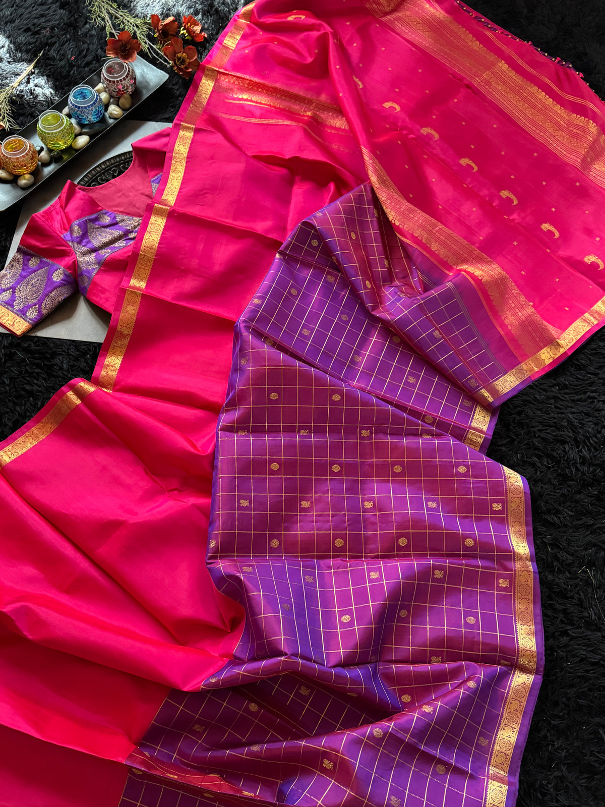 Rani Purple Half Checks Korvai Kanchipuram Pure Silk