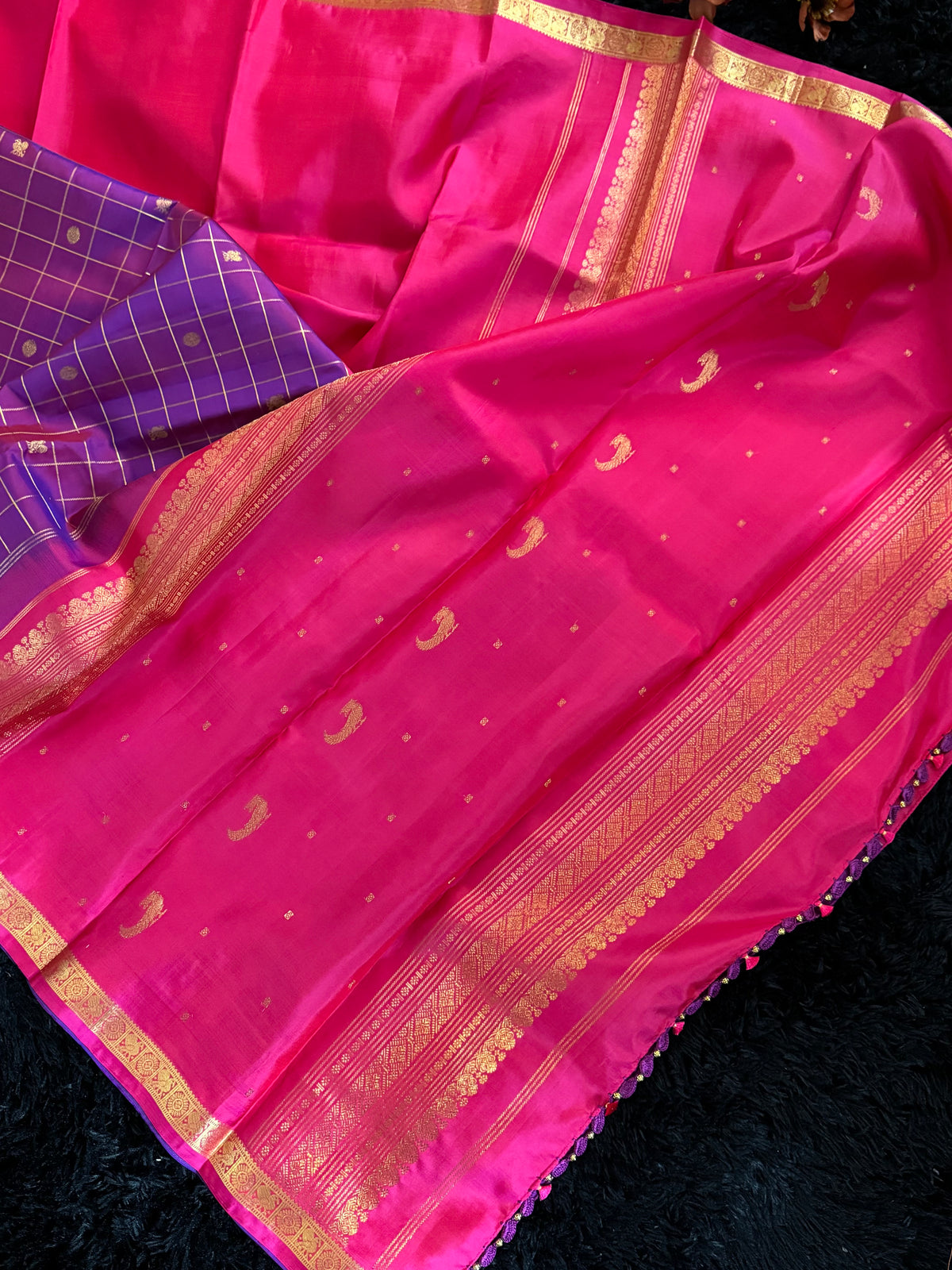 Rani Purple Half Checks Korvai Kanchipuram Pure Silk