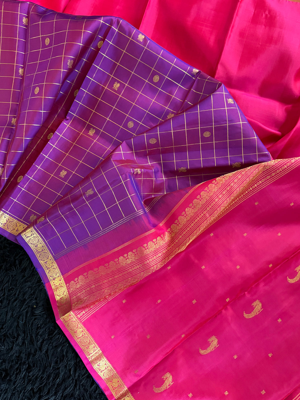 Rani Purple Half Checks Korvai Kanchipuram Pure Silk