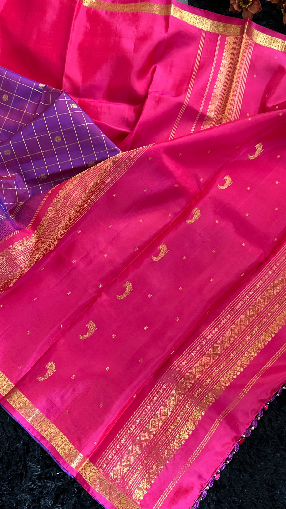 Rani Purple Half Checks Korvai Kanchipuram Pure Silk
