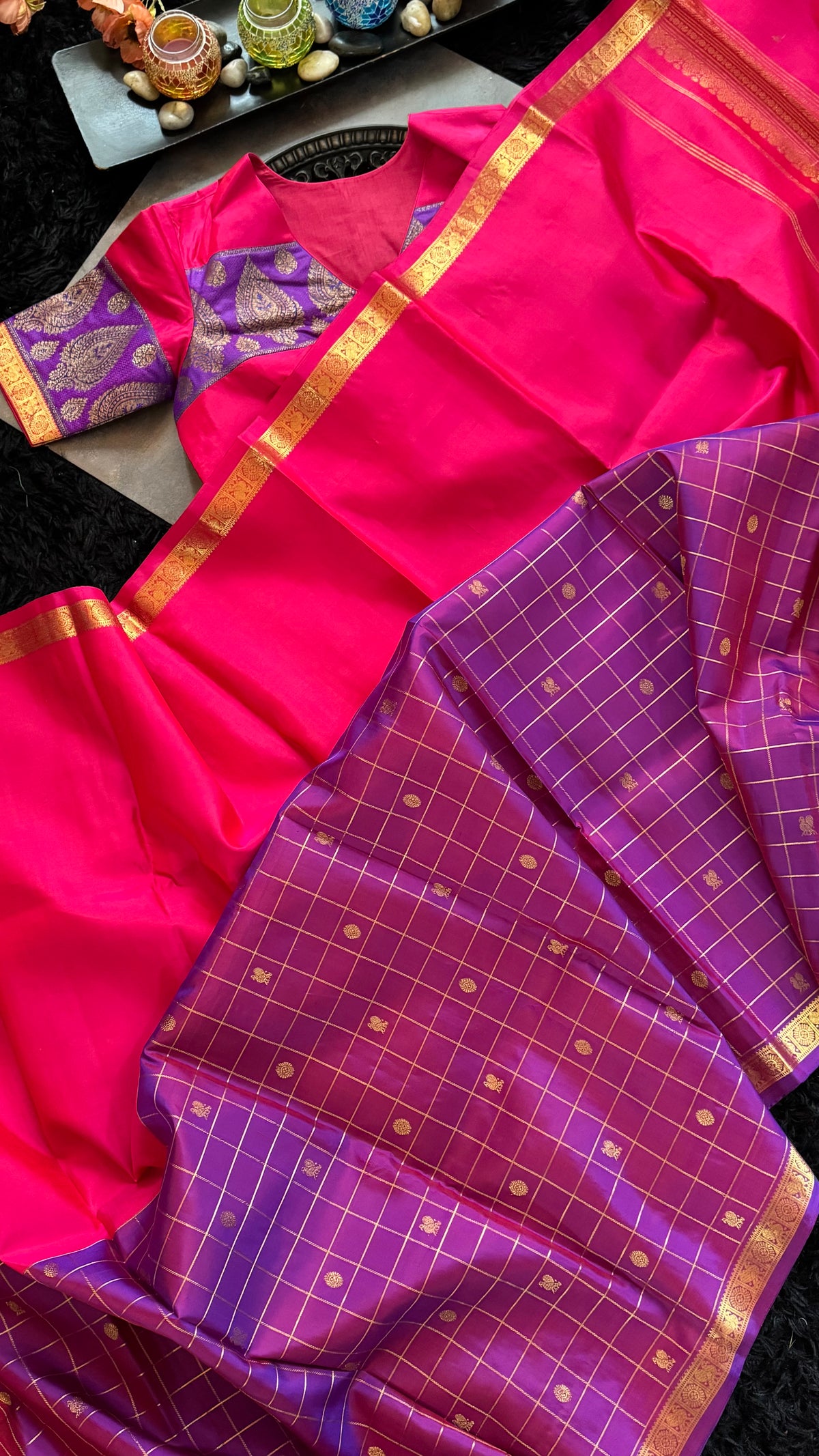Rani Purple Half Checks Korvai Kanchipuram Pure Silk