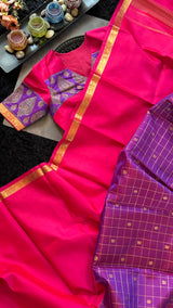 Rani Purple Half Checks Korvai Kanchipuram Pure Silk
