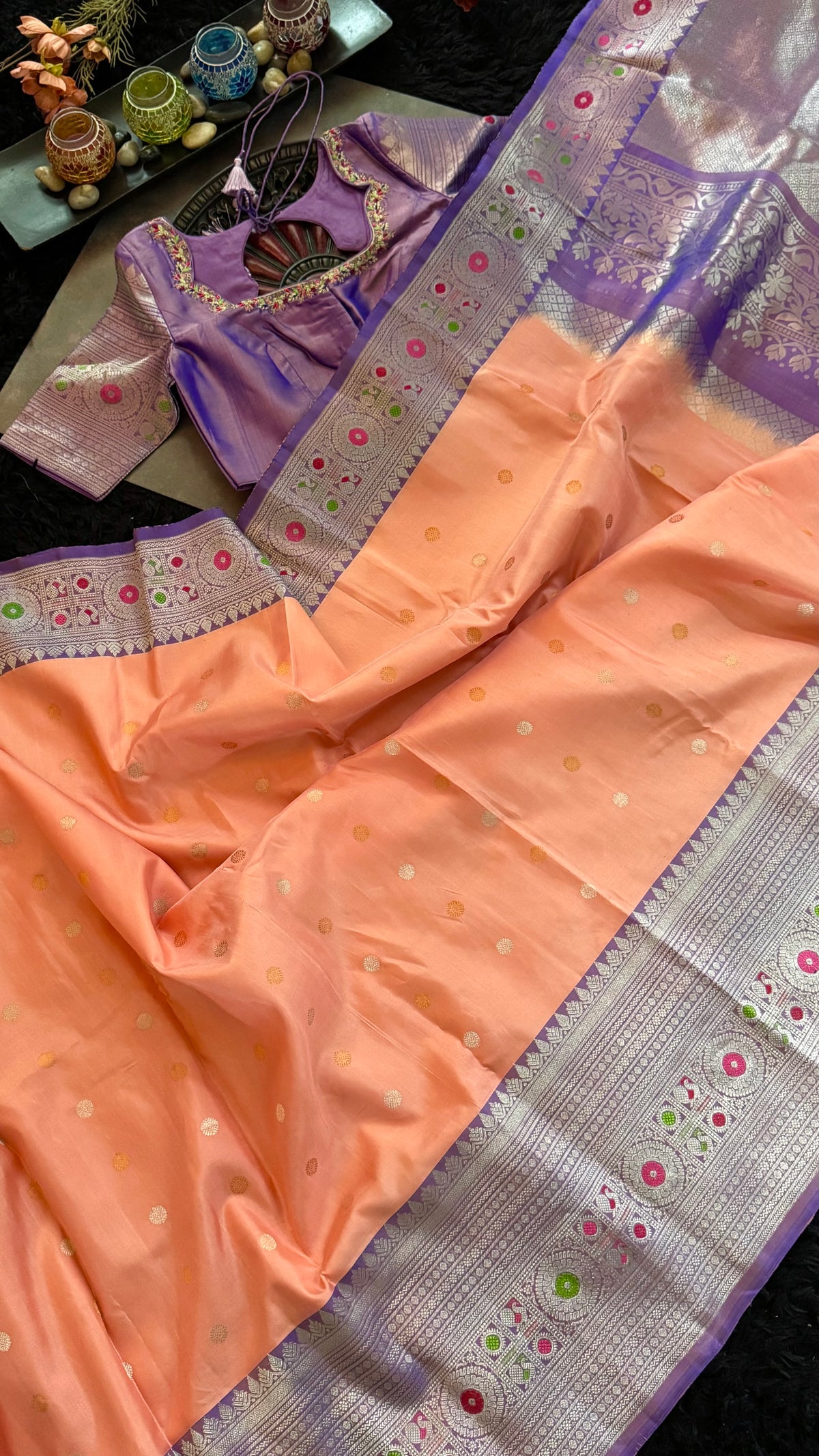 Pastel Salmon Lavender Meenakari Kanchi Gadwal Pure Silk