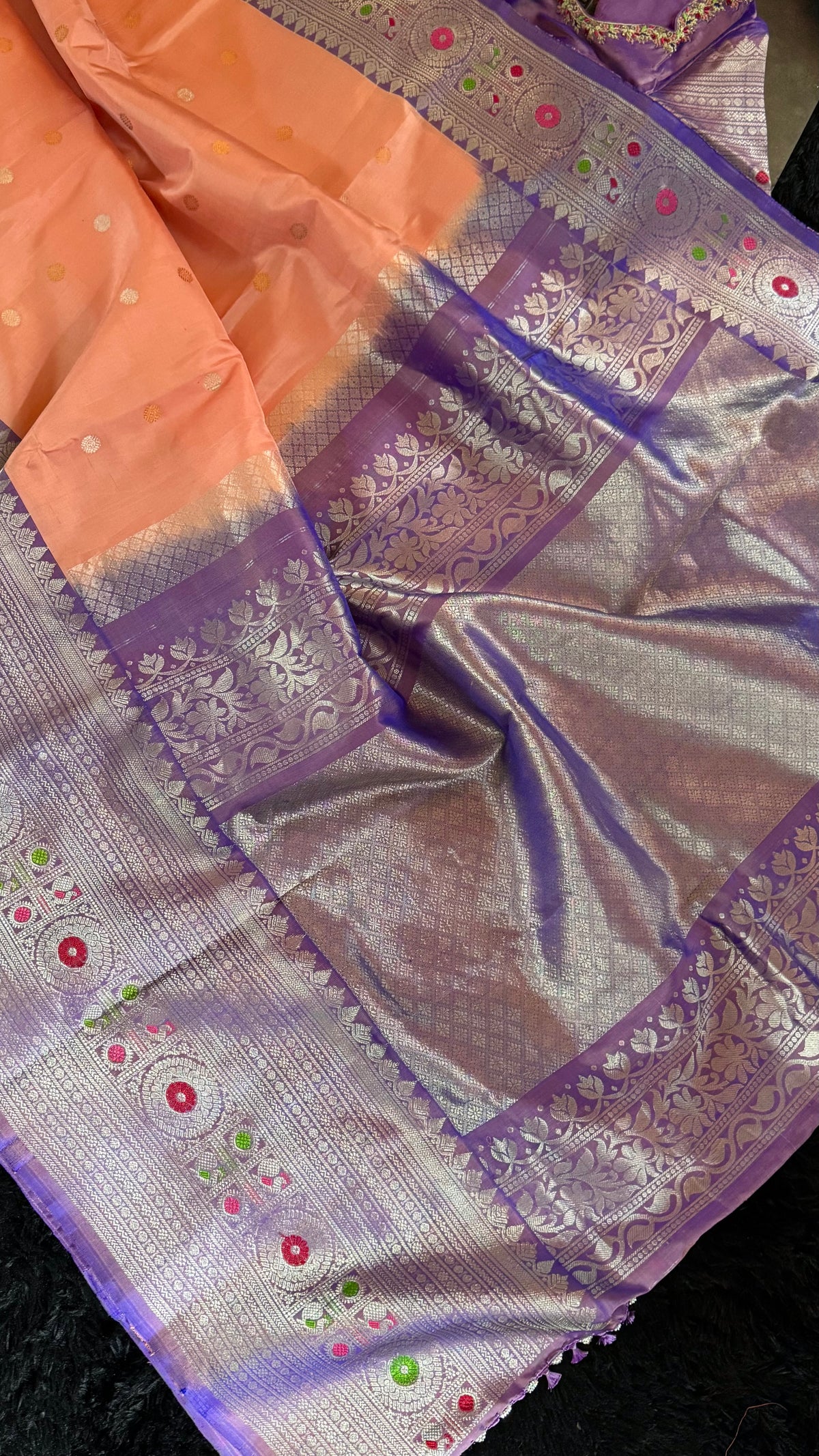 Pastel Salmon Lavender Meenakari Kanchi Gadwal Pure Silk