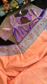 Pastel Salmon Lavender Meenakari Kanchi Gadwal Pure Silk