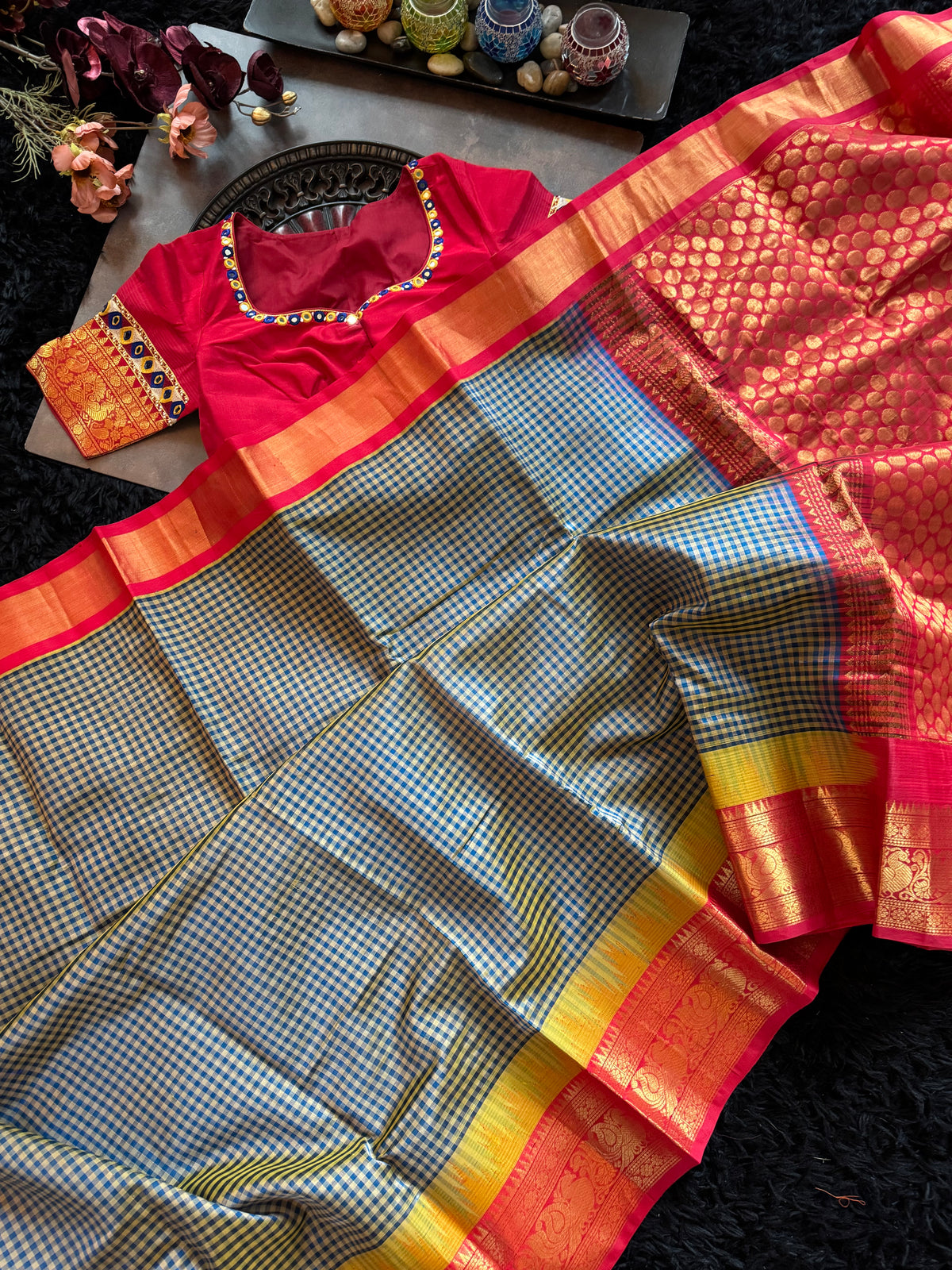 Navy Blue Podi Kattam Silk Cotton Kanchipuram
