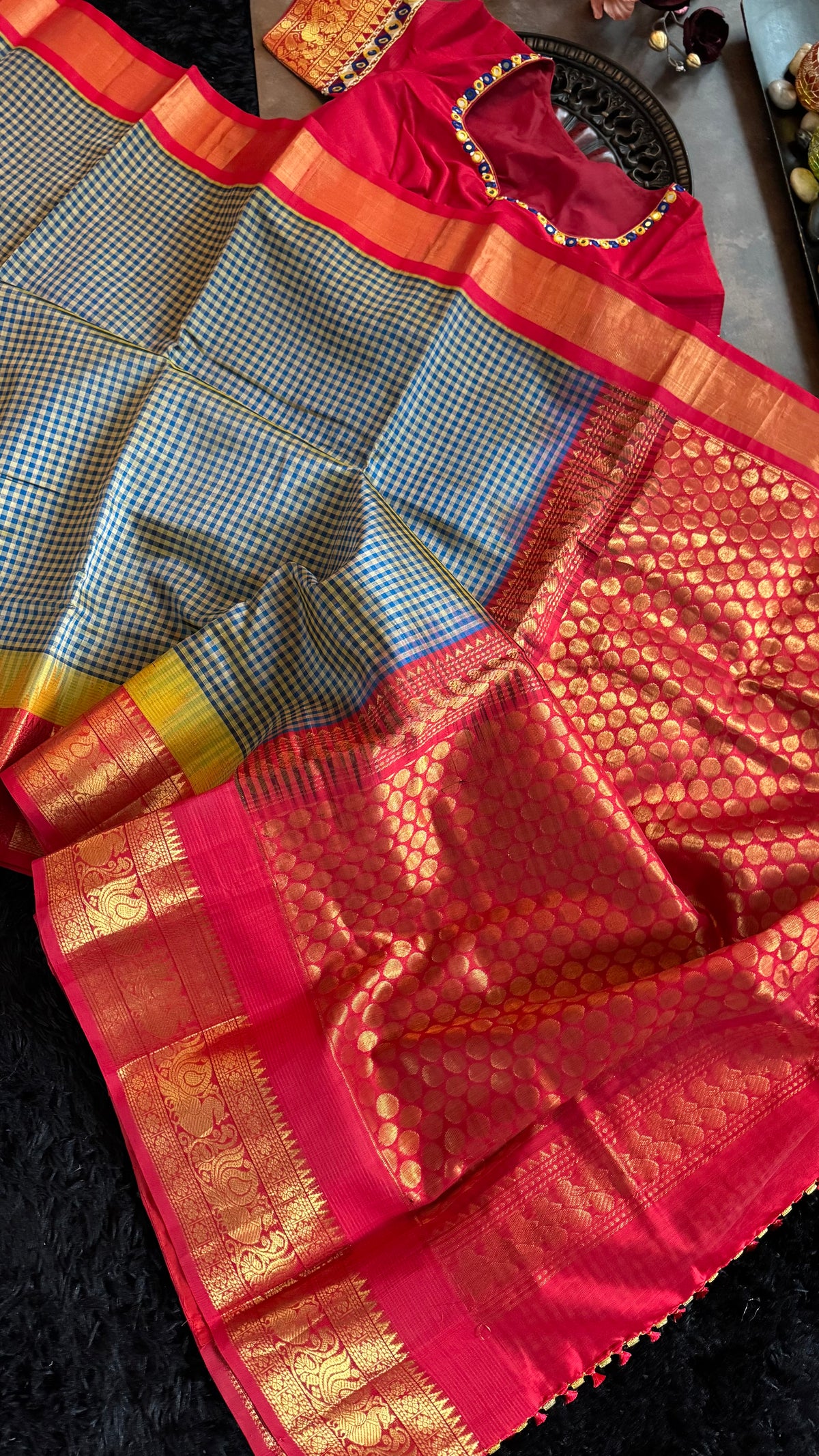 Navy Blue Podi Kattam Silk Cotton Kanchipuram